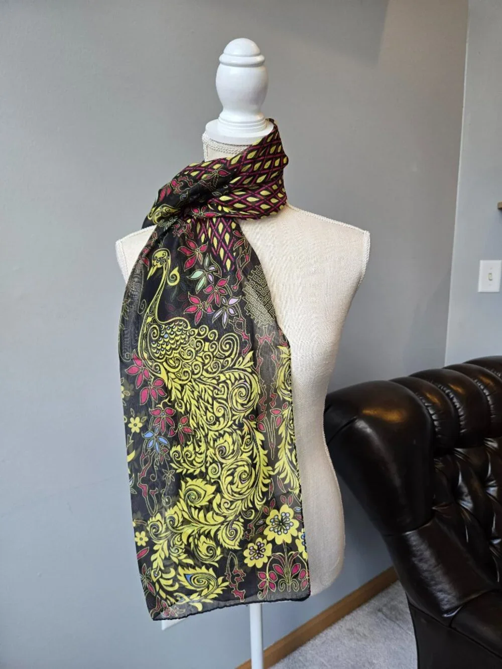 Sheer Womans Black and Yellow Peacock Design Scarf